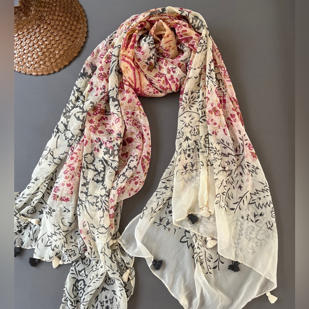 Anthropologie chiffon sarong wrap with cotton detail fringe 30” x 68”